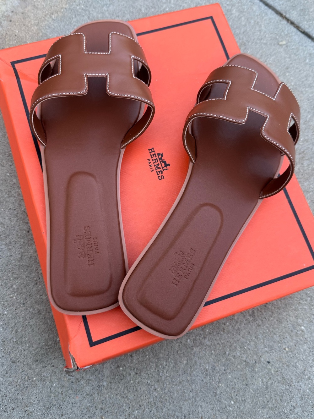 Hermes Brown Leather Oran Slide Sandals